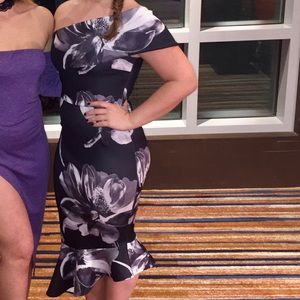 Black and white floral off the shoulder midi dress